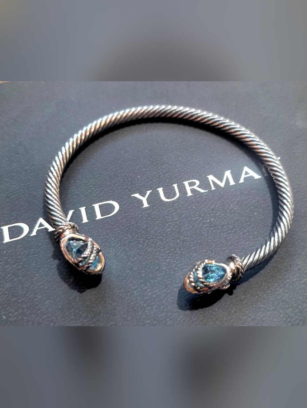 David Yurman Blue Topaz and Pave Diamond 4 mm Cable Wire Bracelet
